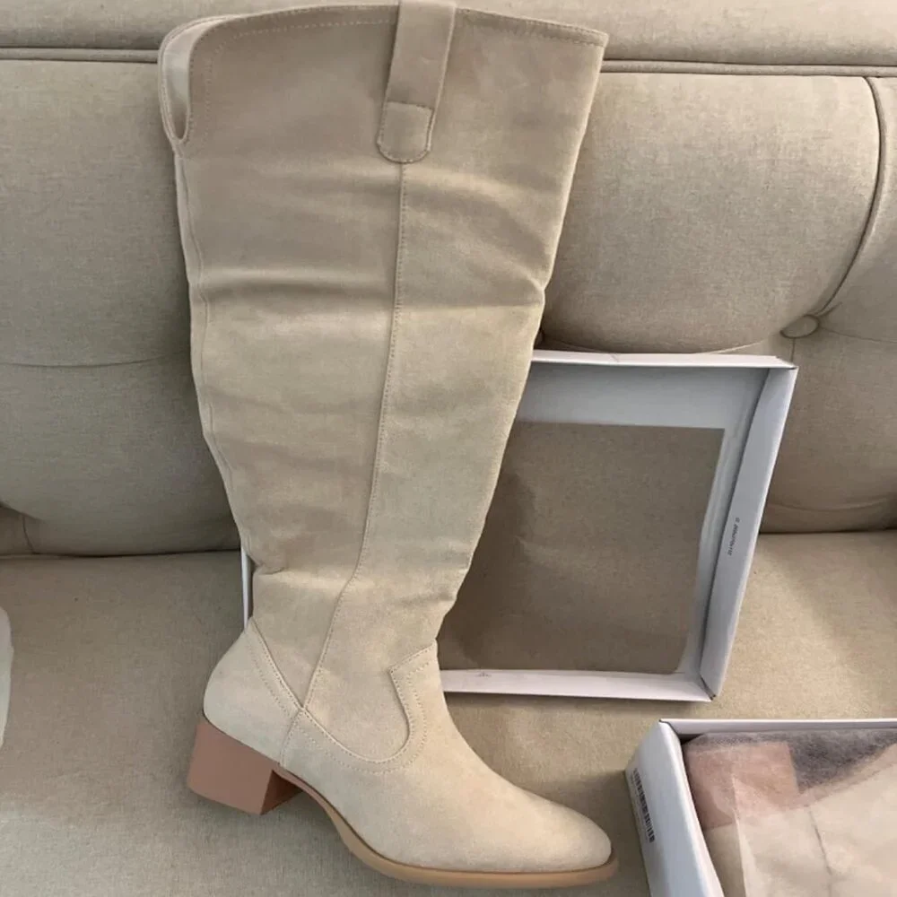 🆕Women's Beige Faux Suede Over The Knee Thigh High Chunky Heel Pointed Toe Boot